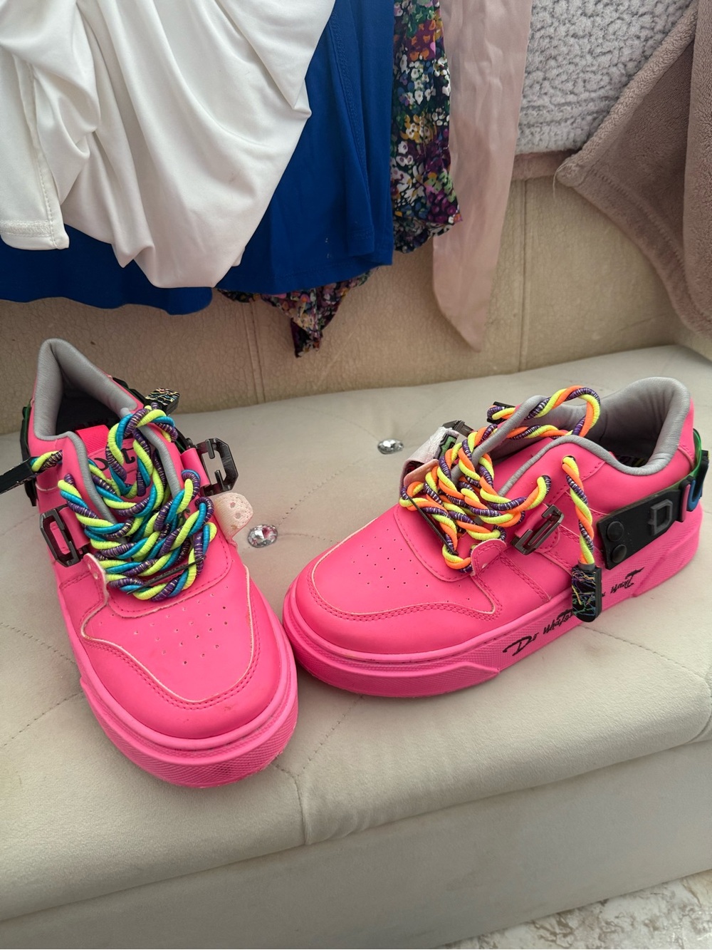 Kids Vibrant Pink Sneakers with Multicolor Laces